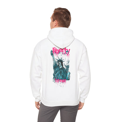 Elegant white hoodie featuring a rebellious urban design of the Statue of Liberty, with pink graffiti text saying 'liberty forever' in vibrant turquoise tones.