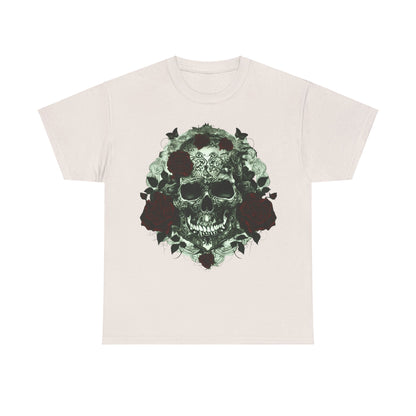 Skulls and Roses Cotton Tee in cream, displaying an exquisite blend of skulls and roses in a steampunk aesthetic, ideal for making a bold statement.