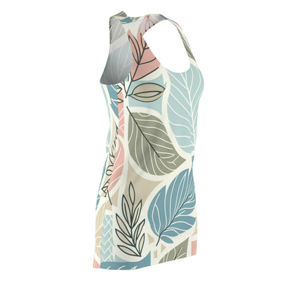 Valentina Sartori Modern Pastel Racerback Dress with Leaf Motif in soft pink and light blue, showcasing delicate maple and fern patterns, perfect for stylish comfort.