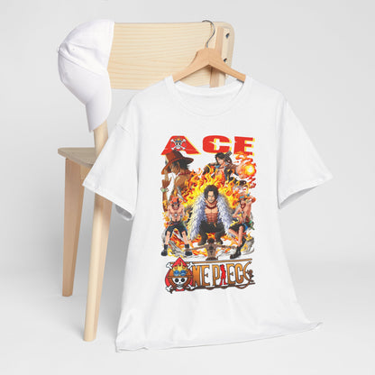 Men's luxury graphic t-shirt featuring the iconic Ace character from One Piece, set against a backdrop of vibrant flames and beloved anime characters, showcased on a stylish wooden chair.