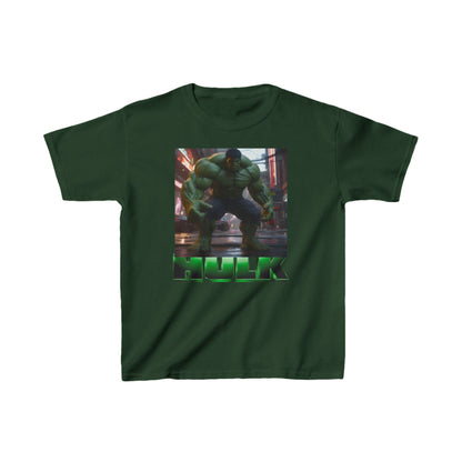 Kids Heavy Cotton Incredible Hulk T-Shirt - Deep green variant showcasing a striking Hulk design, perfect for aspiring superheroes seeking a robust and stylish outfit.