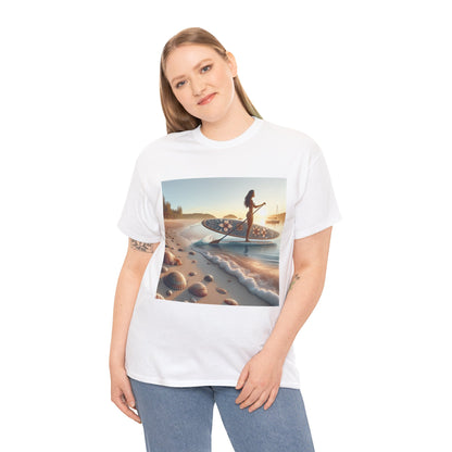A model showcasing the Delightfull Paddle Board T-Shirt by Dazzling Dreams Studio, ideal for outdoor adventure and nature lovers.
