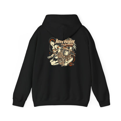 Chic black hoodie with a prominent Harley-Davidson back print, exuding a unique blend of elegance and motorcycle culture.