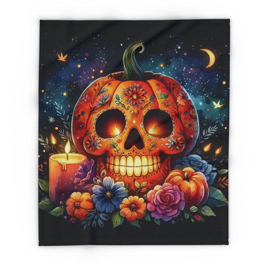Elegant Decorative and Warm Halloween Spooky Arctic Fleece Blanket showcasing a stunning sugar skull pumpkin with floral accents and a candle, ideal for cozy nights during the Halloween season.