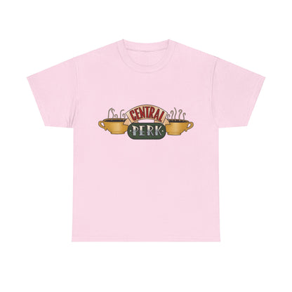 Central Perk Coffee Shop Friends Retro Logo Graphic Tee Unisex in pink, displaying the chic Central Perk logo alongside stylish coffee cups.