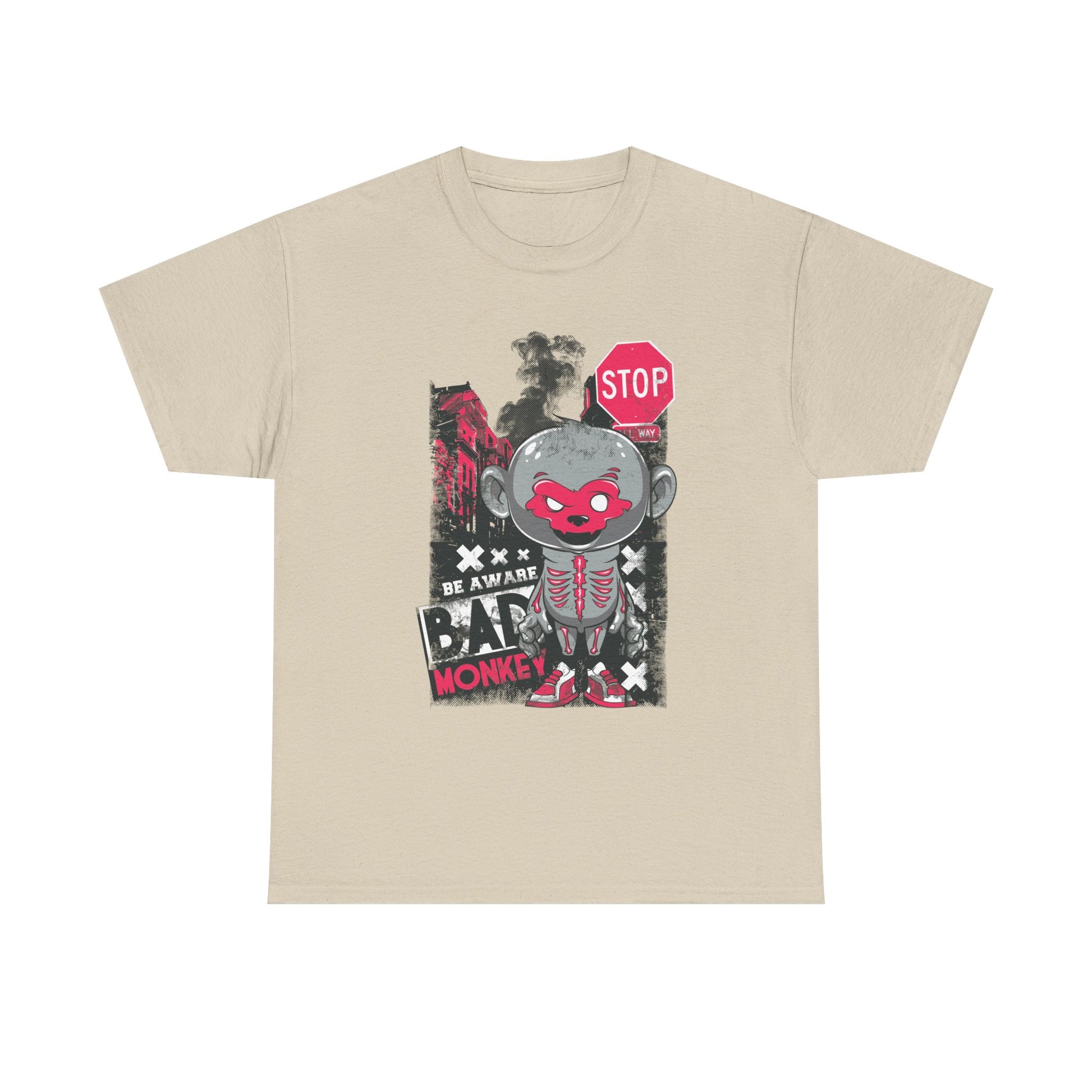 Elegant Urban Monkey Men's T-Shirt in a soft beige hue, showcasing striking grunge art and a playful monkey design with a captivating urban aesthetic.