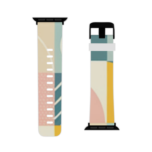 Dazzling Dreams Geometric Pastel Apple Watch Band displayed in a sleek black buckle option, highlighting its modern design with a blend of baby pink, yellow, and mint green.
