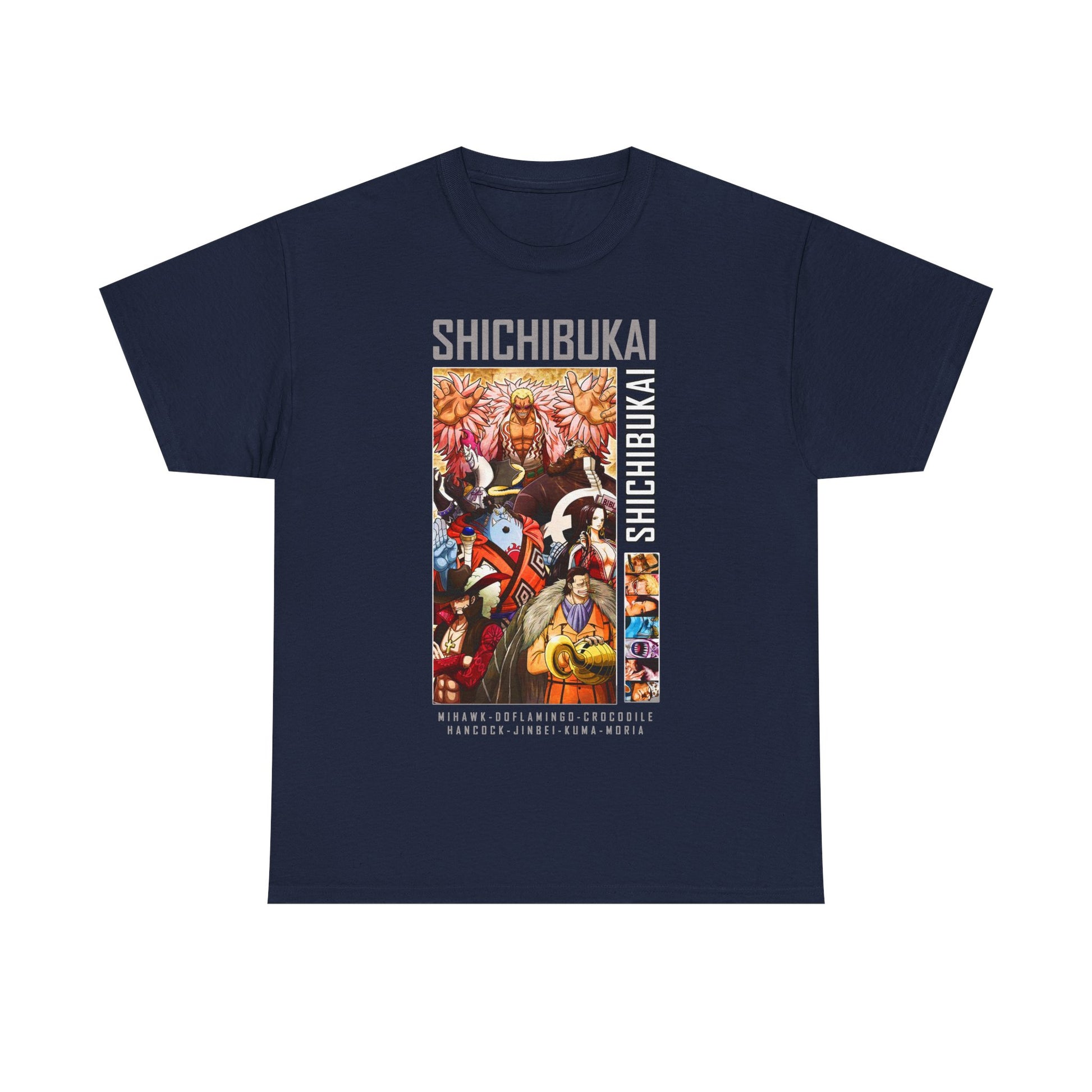 Refined navy One Piece Shichibukai T-shirt with dynamic graphics of Mihawk and Doflamingo, a staple for any luxury anime collection.