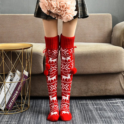 Vibrant model wearing exquisite red Sexy reindeer Stockings with charming festive patterns, ideal for chic winter outings.