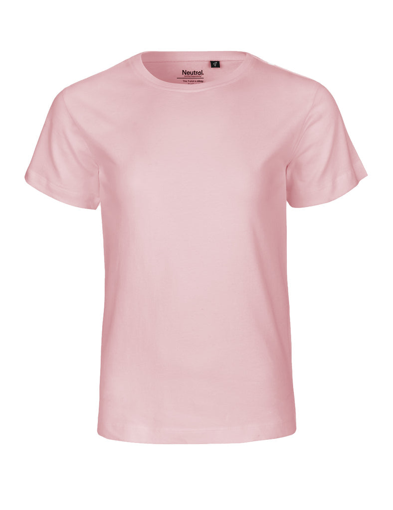 Classic fit Fairtrade Organic Cotton Kids T-Shirt featuring a round crew neck with double-layered elastane rib, perfect for stylish yet casual wear.