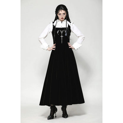 Full-length image of the Dark In Love Lux black velvet maxi dress with square neck and horn embroidery, perfect for gothic fashion enthusiasts.