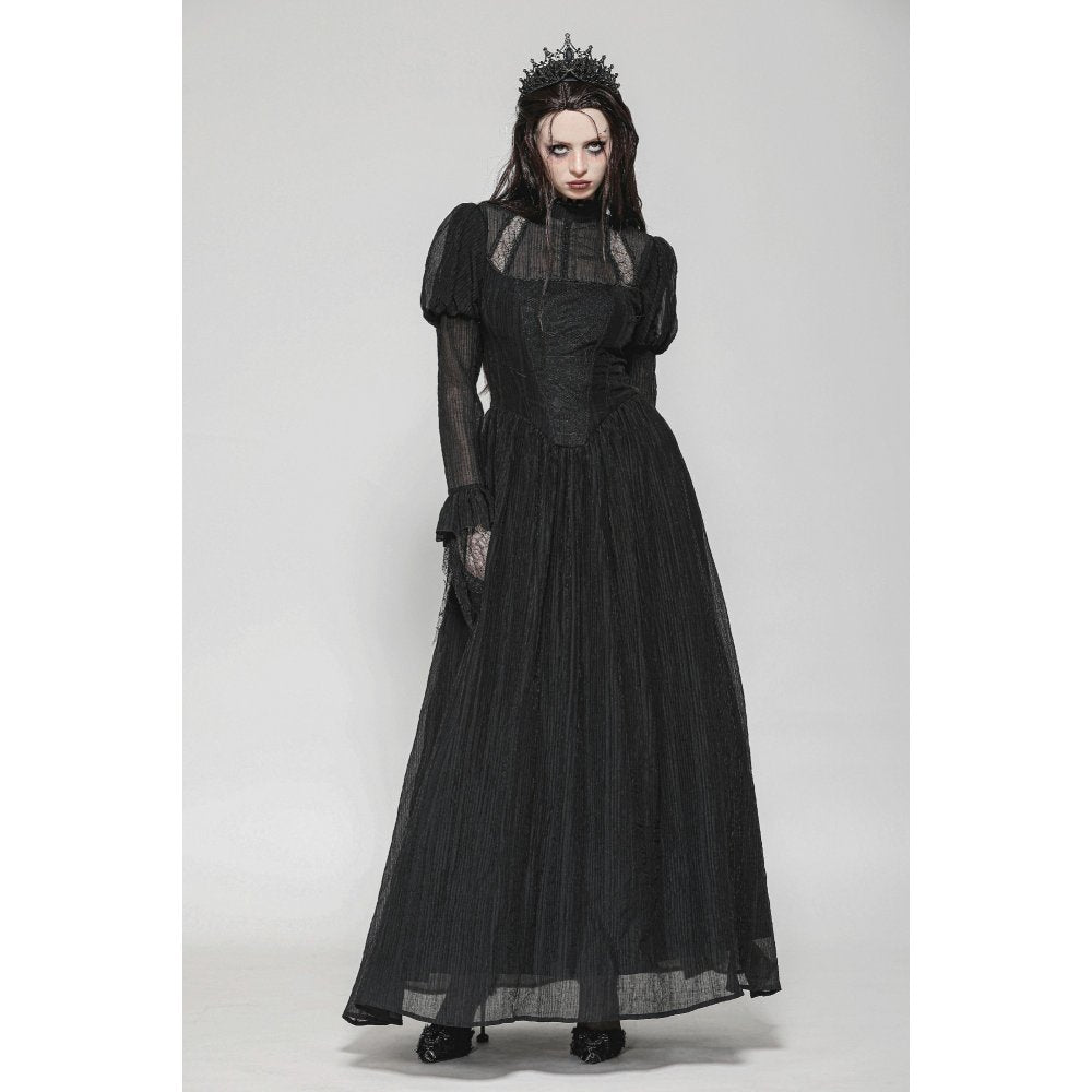 Elegant Dark in Love Harlow Gothic Lace Maxi Dress showcasing intricate Victorian design and sheer lace details for a hauntingly beautiful silhouette.