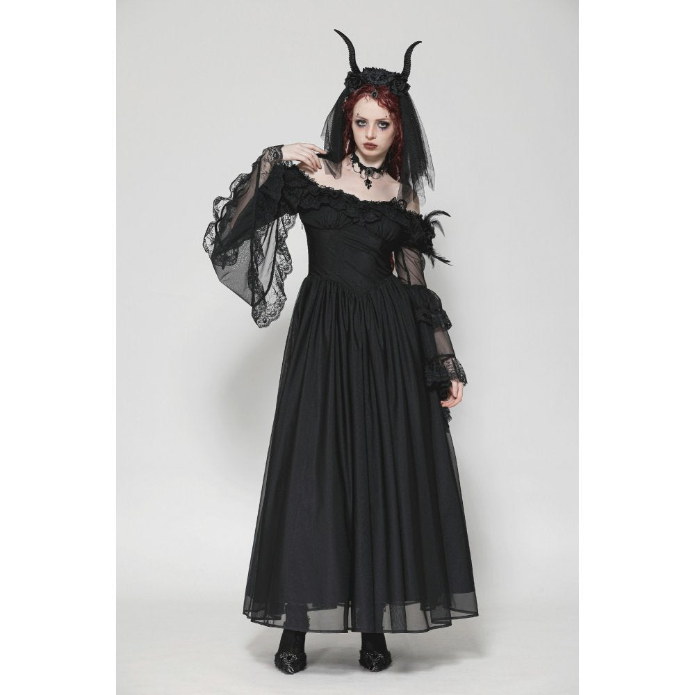 Dark in Love Millicent Black Tulle Dress showcasing off-shoulder neckline and intricate lace trim, perfect for gothic elegance.