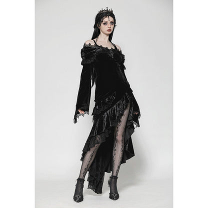 Gothic velvet off-shoulder mermaid dress featuring elegant ruffle details, dark and mysterious fashion statement.