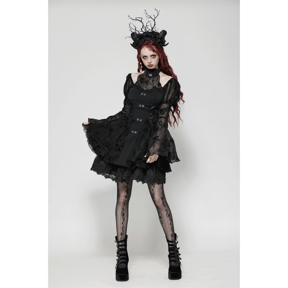 Full view of Dark in Love Blanche Victorian Gothic dress on a mannequin, illustrating its theatrical silhouette and romantic design.