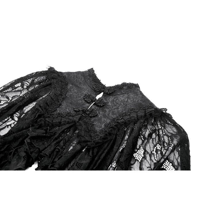 Close-up of the high-neck collar of the Dark in Love Zuri Vintage Lace Cape, showcasing luxurious lace craftsmanship and dramatic design.