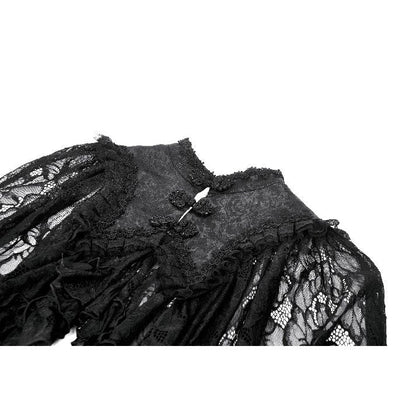 Close-up of the high-neck collar of the Dark in Love Zuri Vintage Lace Cape, showcasing luxurious lace craftsmanship and dramatic design.