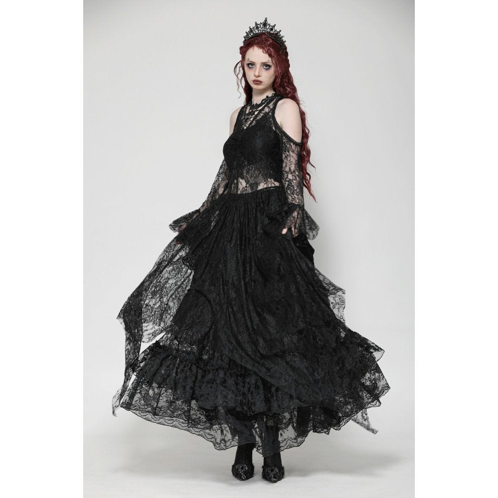 Carys Black Gothic Asymmetrical Lace Off-Shoulder Dress showcasing elegant lace design with intricate rhinestone details, perfect for a luxurious gothic look.