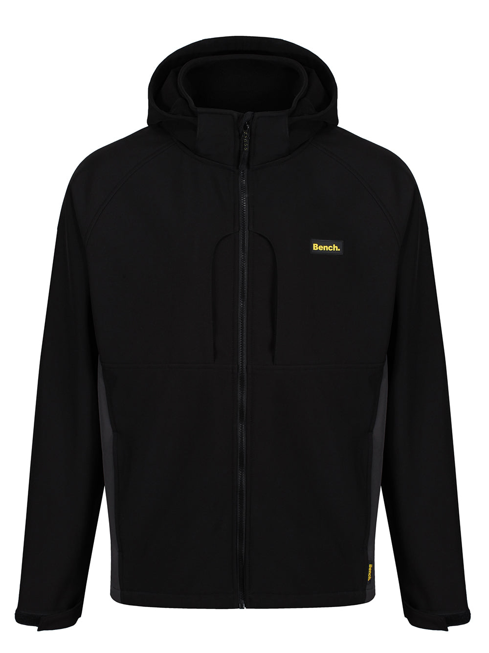 Luxurious Men's Black Thorpe Softshell Jacket featuring windproof and water-repellent qualities, complete with a detachable hood and multiple stylish pockets.