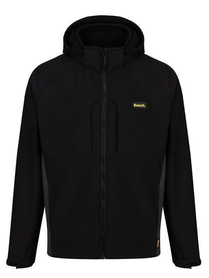 Luxurious Men's Black Thorpe Softshell Jacket featuring windproof and water-repellent qualities, complete with a detachable hood and multiple stylish pockets.