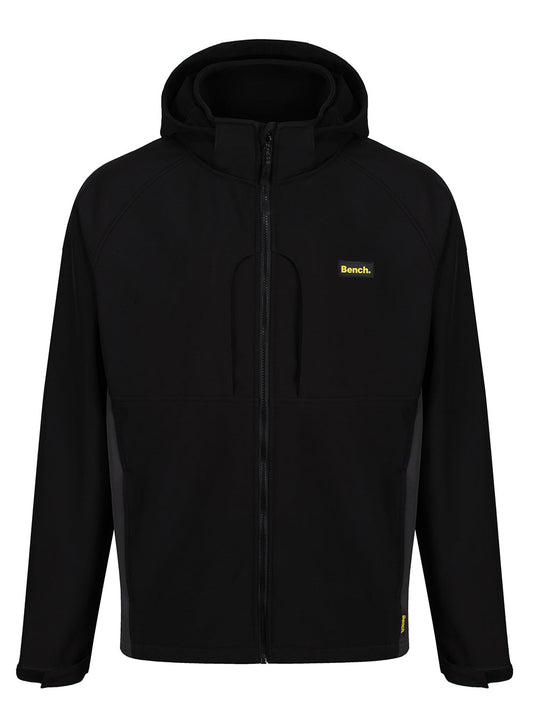 Luxurious Men's Black Thorpe Softshell Jacket featuring windproof and water-repellent qualities, complete with a detachable hood and multiple stylish pockets.