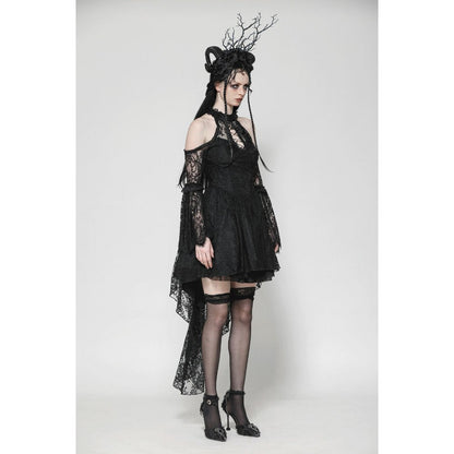 Close-up view of the intricate lace detailing on the Dark in Love Gothic Vine Lace Tail Dress, showcasing its luxurious texture and dark romantic style.