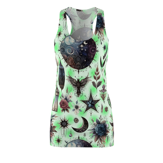 Front view of Women’s Chic Designer Racerback Dress showcasing detailed designs of stars and roses, ideal for elegant outdoor events.