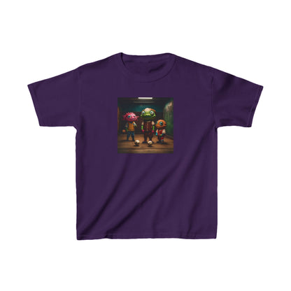 Kids Cute Aliens Heavy Cotton T-Shirt featuring playful alien graphics on a luxurious purple background, perfect for young explorers.