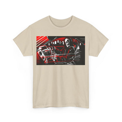 Striking men's t-shirt showcasing a captivating graphic of a hooded figure with a scythe, set against a dramatic car interior in red and black tones.