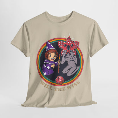 Luxuriously designed beige graphic t-shirt featuring a whimsical wizard girl and a playful creature, adorned with stars and vibrant details, ideal for fans of fantasy and adventure.