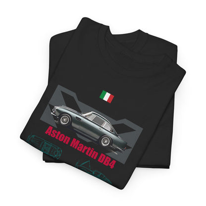 Fashionable black men's t-shirt stacked to showcase the Aston Martin DB4 graphic, highlighting a luxurious automotive style and elegant design.