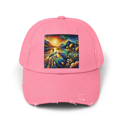 Unisex Distressed Paddleboarders Cap in pink, featuring a vibrant paddleboarding scene, perfect for sun protection and adventurous paddlers.