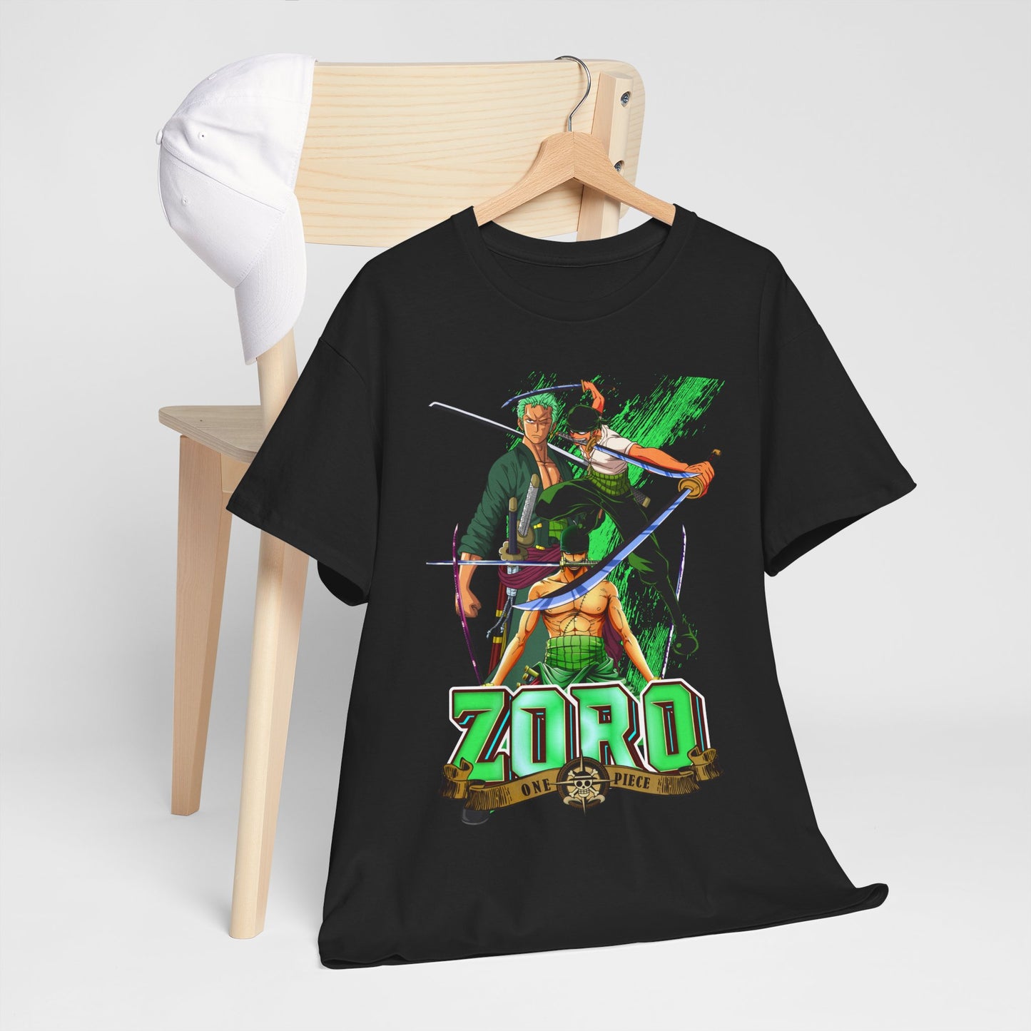 Trendy black anime t-shirt hanging on a wooden hanger, featuring an eye-catching graphic of Zoro, ideal for casual and fashionable outings.