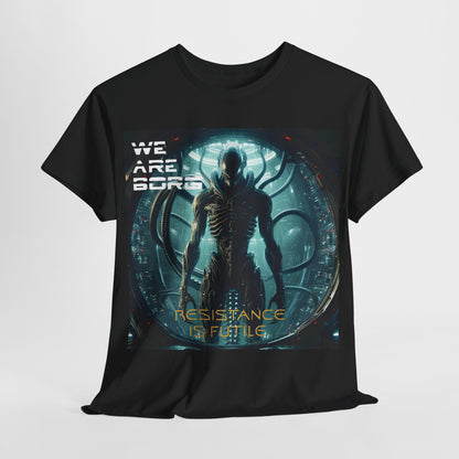 Borg Assimilated Xenomorph Graphic T-Shirt featuring a striking design with a Borg silhouette and futuristic elements, set against a deep black backdrop, exemplifying luxury and unique style for urban unisex fashion.