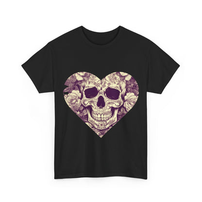 Skulls and Roses Cotton Tee featuring a unique heart-shaped graphic design on a black background, perfect for alternative fashion enthusiasts.