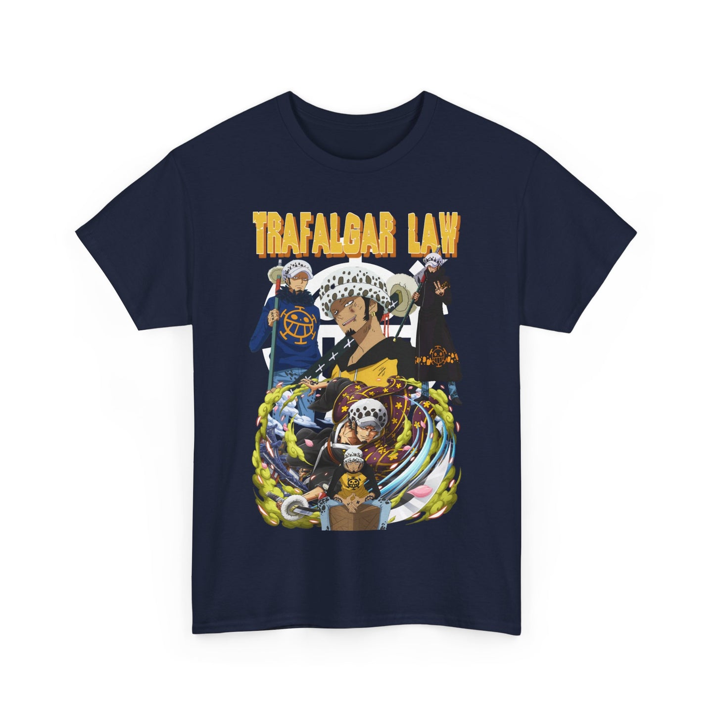 Luxurious navy blue T-shirt featuring a captivating graphic of Trafalgar Law from the anime One Piece, designed for dedicated fans.