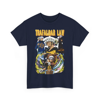 Luxurious navy blue T-shirt featuring a captivating graphic of Trafalgar Law from the anime One Piece, designed for dedicated fans.