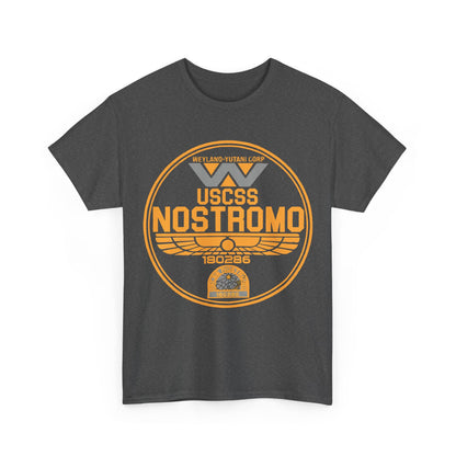 USCSS Nostromo Graphic Unisex Tee Shirt in dark grey with the Nostromo logo displayed prominently, designed for fashion-forward sci-fi lovers who appreciate luxury.