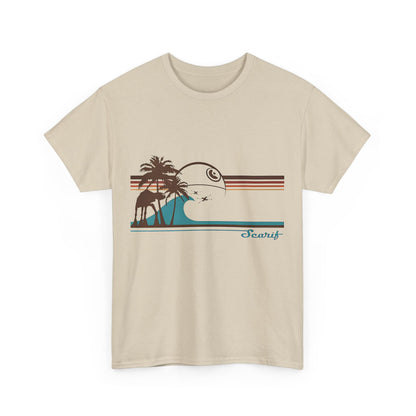 Elegant unisex tee featuring the Tie Fighters Holiday on Serif Star Wars Rebel One graphic, set against a serene beach scene with palm trees and waves.