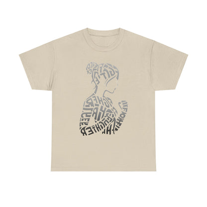 Fighter Girl Graphic Unisex T-Shirt featuring artistic typography design showcasing a powerful woman silhouette crafted from the words 'FIGHTER' and 'GIRL', embodying strength and femininity in a luxury fashion statement.