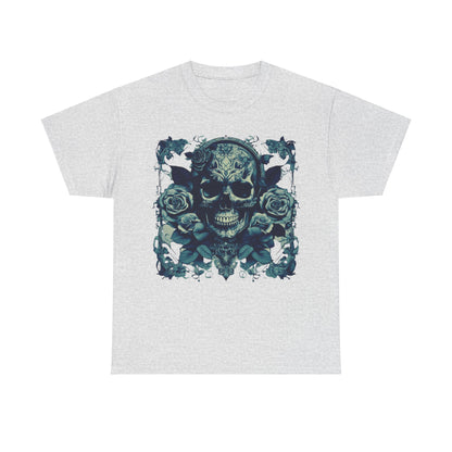 Front view of the Skulls and Roses Cotton Tee featuring a striking skull and roses graphic design on a grey shirt.