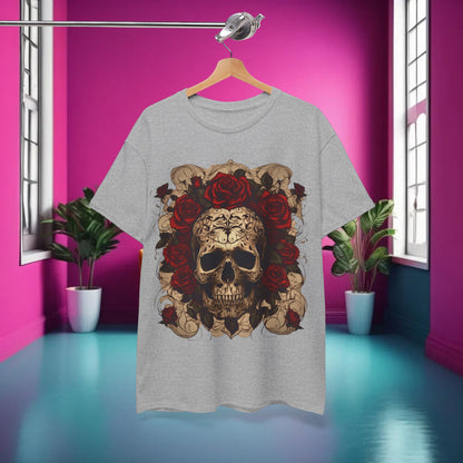 The Skulls and Roses Cotton Tee displayed elegantly in a modern interior, highlighting its unique skull design amidst a luxurious setting.