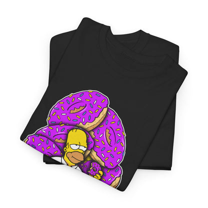 Luxurious folded t-shirts displaying the Homer the Iron Throne graphic design, featuring Homer Simpson holding a donut, a whimsical choice for fashion enthusiasts.