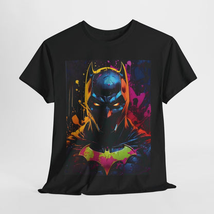 Batman Dynamic Illumination Graphic T-Shirt displayed elegantly, showcasing a vibrant, stylized depiction of Batman against a dark background, exuding a luxurious essence of modern art.