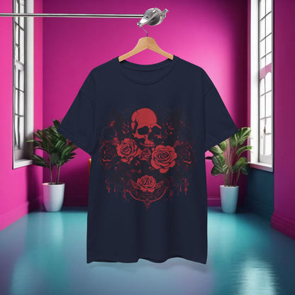 Skulls and Roses Cotton Tee displayed in a vibrant interior setting, showcasing the unisex graphic shirt with a striking skull and rose design that embodies a bold lifestyle.