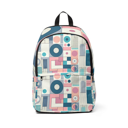 Pastel Fusion Geometric Backpack by Dazzling Dreams Studio showcasing a chic modern design in soft pink, blue, lavender, and mint hues with a stylish geometric pattern.