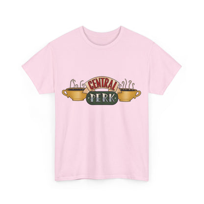 Front view of an exquisite pink unisex Central Perk Coffee Shop Friends Retro Logo Graphic Tee featuring the iconic logo and stylish design, ideal for any die-hard Friends fan.