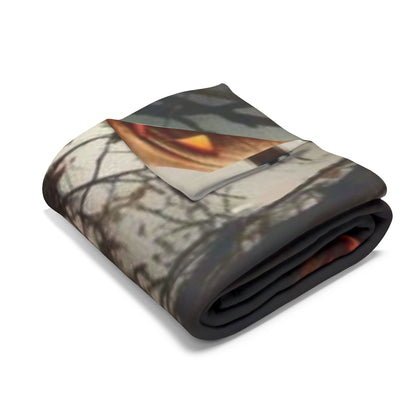 Luxurious Decorative and Warm Halloween Spooky Arctic Fleece Blanket beautifully folded, showcasing intricate Halloween-themed details for cozy elegance.
