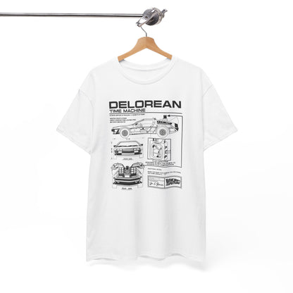 Men's white t-shirt elegantly displayed on a hanger, featuring a detailed graphic of the DeLorean time machine blueprint, representing classic sophistication.