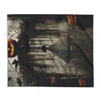Close-up of the Decorative and Warm Halloween Spooky Arctic Fleece Blanket featuring intricate Halloween designs, perfect for upscale autumn decor.